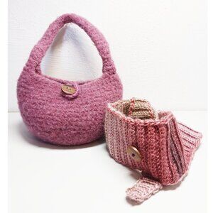 Handmade felted cute round bag & Knit Picks wool knitted small scarf SET